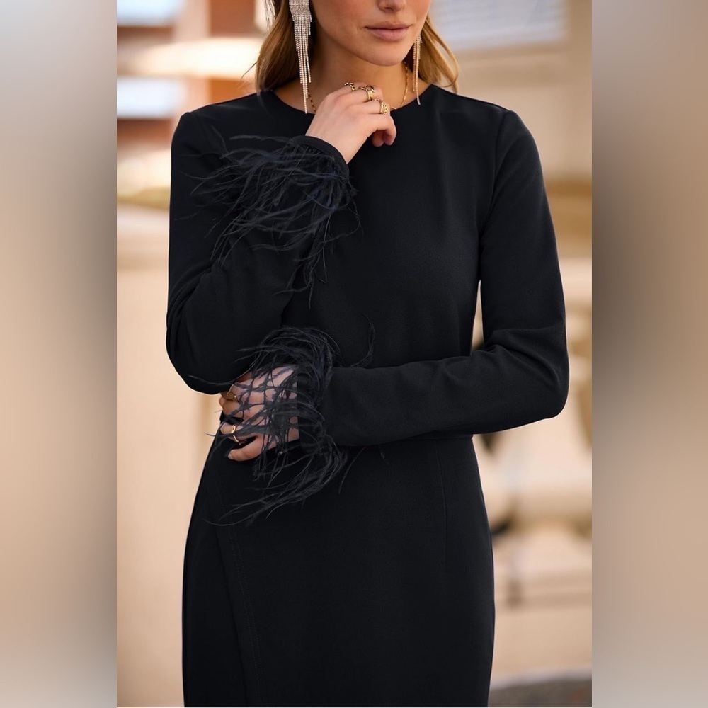 NWT- PRETTYGARDEN Feather Long Sleeve Formal Bodycon- Wrap Slit Cocktail Dress - Picture 6 of 16